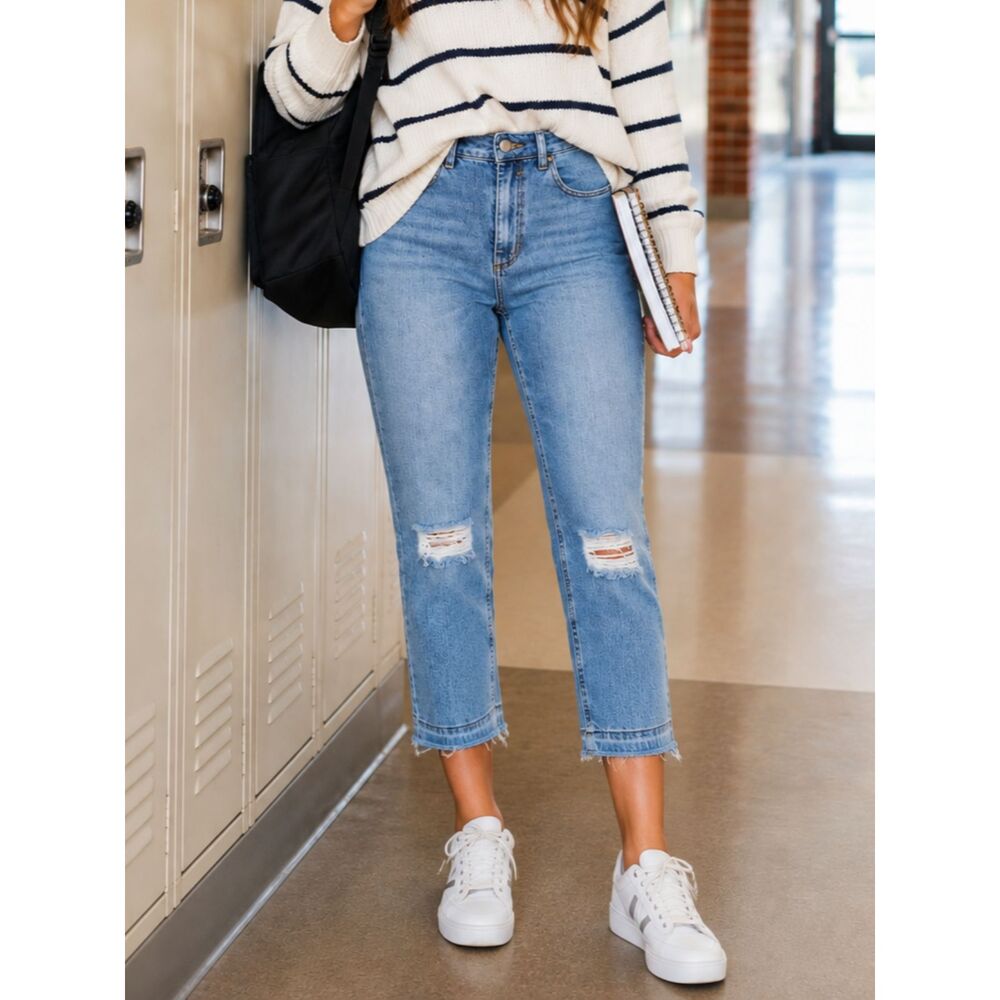 ASOS Denim Distressed Straight Leg Raw Hem Jeans Light Wash Women's 26x30